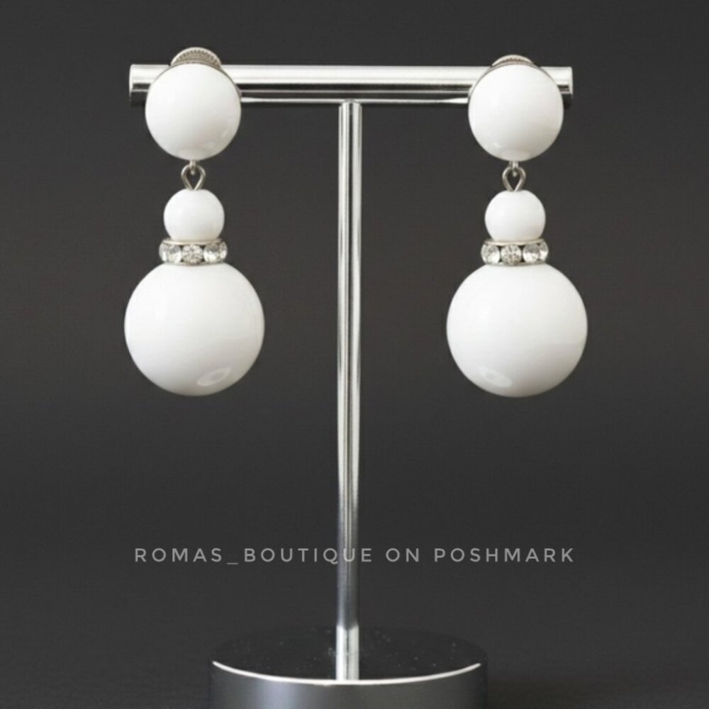 White Glass Rhinestone West Germany Clip-On Earrings